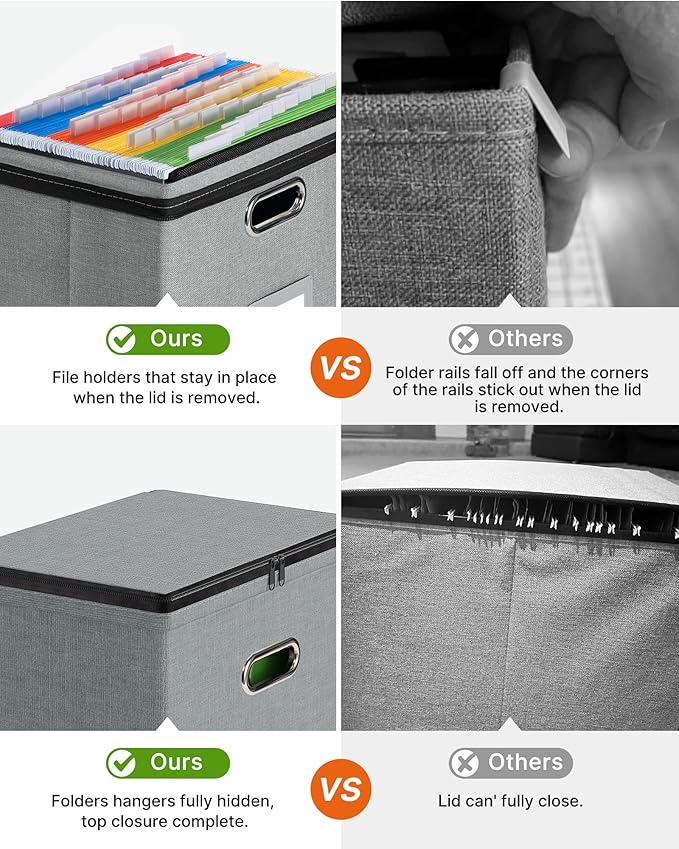 Oterri 2 Pack File Organizer Boxes with Lids, File Box with Mesh Pockets, Document Organizer Box for File Folders Letter Size, Zippers Filing Box for Home, Office, School (Grey, Without Folders)