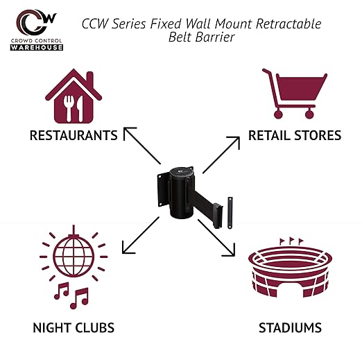 Crowd Control Warehouse - CCW Series WMB-125 Fixed Wall Mount Retractable Belt Barrier - 11 Foot, Light Green Belt with Black Steel Case