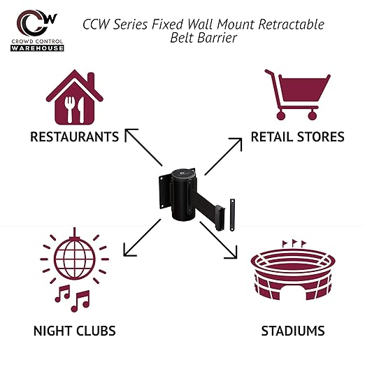 Crowd Control Warehouse - CCW Series WMB-125 Fixed Wall Mount Retractable Belt Barrier - 11 Foot, Black Belt with Black Steel Case
