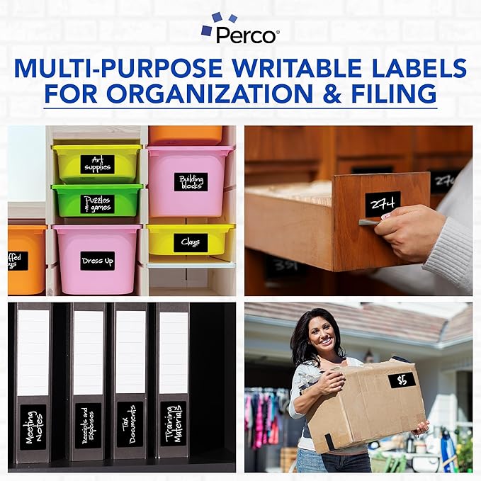 Perco Black Labels 3x5 Inch 500 Stickers/Roll with Easy Peel Perforation and Strong Adhesion for Inventory Management, Color Coding, Moving Boxes, Retail, Organizing & Crafts – Made in USA