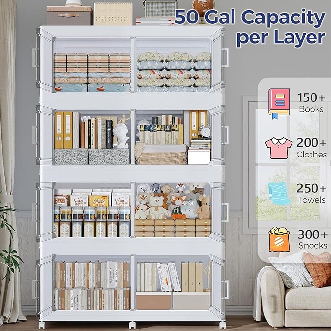 800 QT Extra Large Stackable Storage Bins with Lid, 200 Gal Collapsible Storage Box with Wheels, Folding Closet Organizers and Storage Cabinet with Doors for Home, Kitchen, Office, 4Pack White