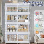 250GAL Storage Bins with Lid and Wheels, Stackable Closet Organizers and Storage Drawer, Collapsible Storages Box with Dividers, Foldable Plastic Cabinets for Room, Kitchen, 5 Pack White
