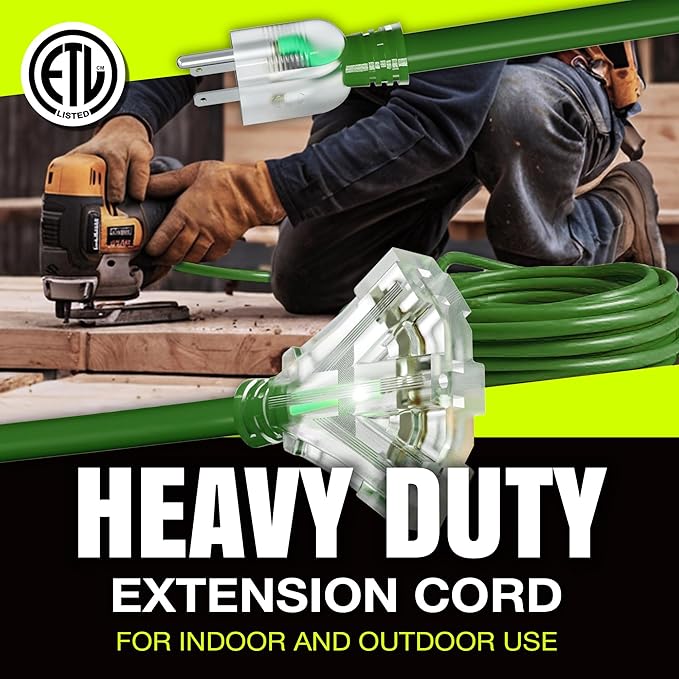 6ft Outdoor/Indoor Extension Cord 3-Outlet 12/3 Gauge Extra Heavy Duty ETL Listed, 3 Prong SJTW, Waterproof, Flexible Cold-Resistant Long Power Cord,15A 125V 1875W, Green by LifeSupplyUSA