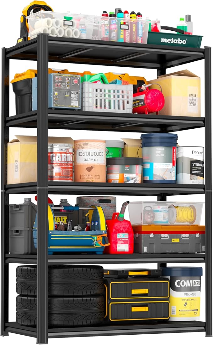72" H Storage Shelves 3000LBS Garage Shelving Heavy Duty 5 Tier Metal Shelving Unit Storage Rack for Basement, Warehouse, Pantry, Closet, Kitchen 72" H x 35.4" W x 15.7" D, Black