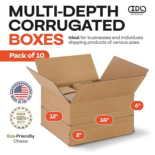 Multi-Depth Corrugated Shipping Boxes, 14"L x 12"W x 6"H, 10-Pack - USA-Made Boxes for Moving, Storage & Small Business Packaging - Heavy-Duty Cardboard Bines for Household & Office by IDL Packaging
