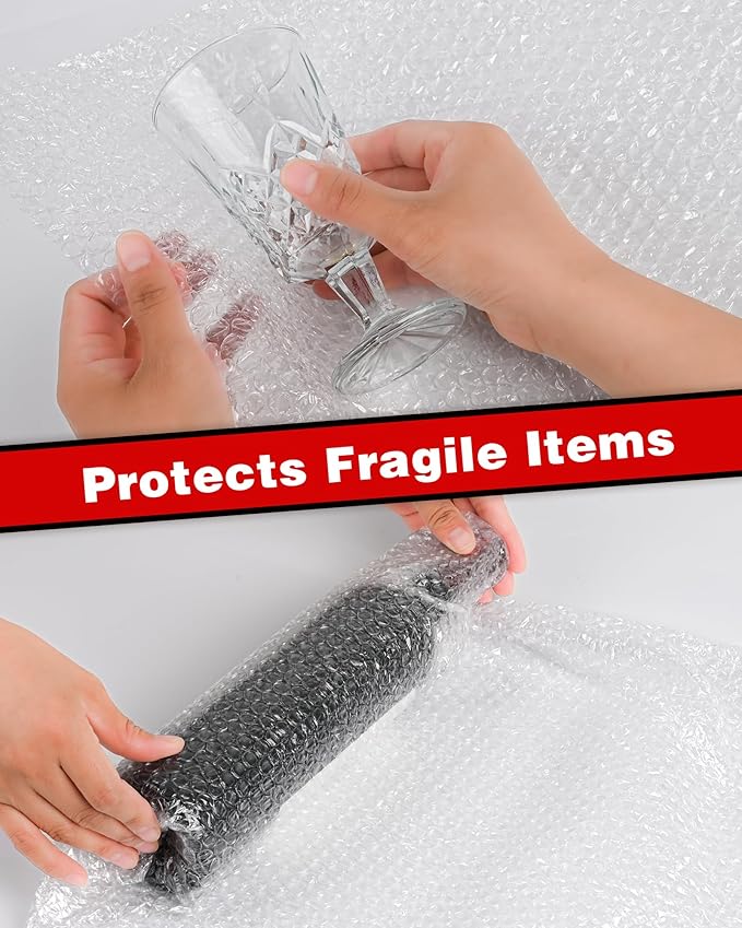 2-Pack Bubble Cushioning Wrap Rolls, 3/16" x 17" x 72' ft Total, Perforated 12" 20 Fragile Stickers for Shipping, Packaging, Mailing