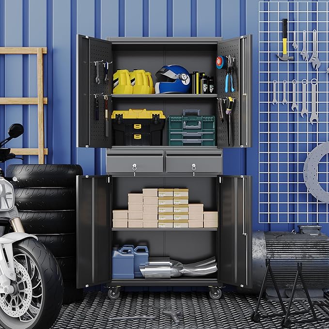 Metal Garage Storage Cabinet with 2 Drawers and 2 Adjustable Shelves, Rolling Tool Storage Cabinet with Wheels and Locking Doors for Garage, Warehouse, Black