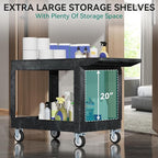 YITAHOME Utility Cart on Wheels, 550 lbs Capacity, 45 x 25 Inch Rolling Work Carts with Wheels, 2 Shelf Heavy Duty Plastic Service Cart Suitable for Warehouse, Garage, School & Office, Cleaning, Black