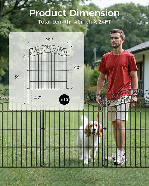 10 Panels No Dig Decorative Outdoor Garden Fence, 40 in(H) X 23.6 ft(L) Animal Barrier Fencing, Rustproof Portable Fence, Temporary Dog Fence Outdoor for Yard, Outside, Backyard, Patio