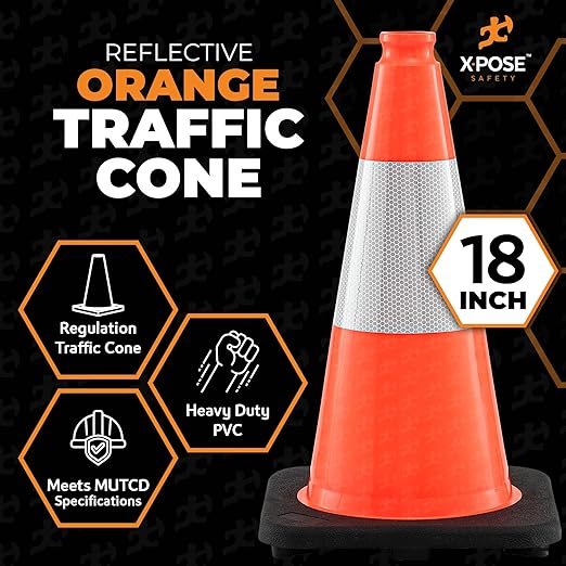 Xpose Safety 18 Inch Orange Traffic Cones with 6" Collar - 1 Pack Multipurpose PVC Plastic Safety Cone for Parking, Soccer, Caution, Kids and Construction - DOT Approved