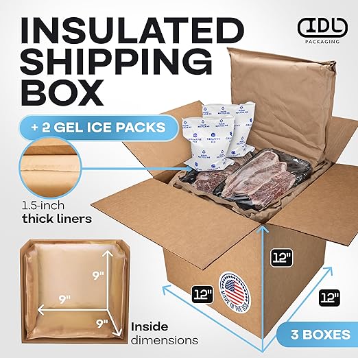 Insulated Thermal Shipping Boxes 12"x12"x12" with 2 Gel Ice Packs, Pack of 3 - USA-Made Cold Food Shipping Box with Absorb Condensation Thermal-Paper Liner - Frozen Food Shipping Kit by IDL Packaging