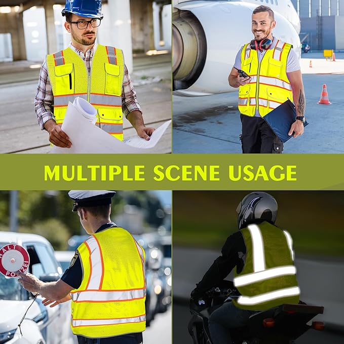 Reflective Safety Vest for Men Women with 8 Pockets and Zipper Front High Visibility Mesh Construction Vest