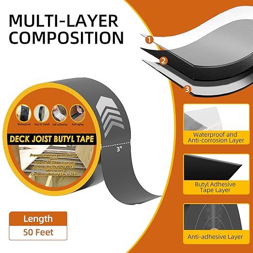 Joist Tape 3" x 50', 2pack Self-Adhesive Deck Joist Flashing Tape for Hardwood, Thermal Wood, PVC, Pressure Treated, and Composite Decking