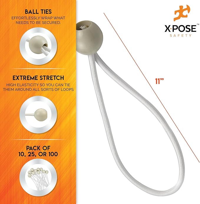 Xpose Safety Bungee Ball Cords 11" 100 Pack Heavy Duty White Stretch Rope with Ball Ties for Canopies, Tarps, Walls, Cable Organization