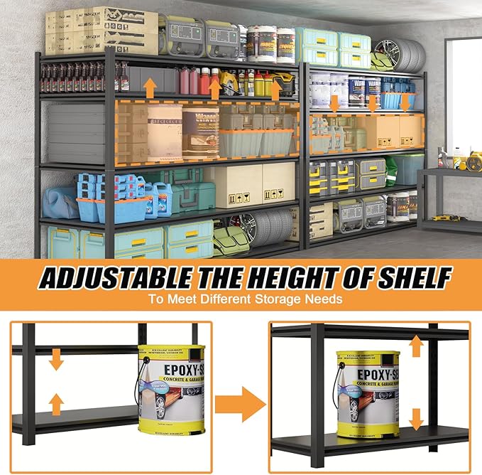 2PCS 59''W/72''H Garage Shelving Units Heavy Duty 5000LBS Metal Storage Shelves Adjustable Steel Industrial Shelving 5 Tier Storage Shelf Rack for Basement, Warehouse