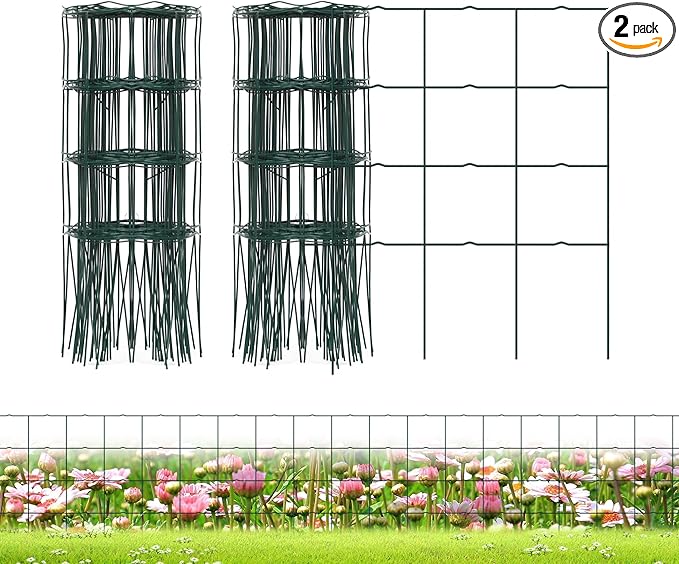 Decorative Garden Fence Border Rolls, Total 14 in x 40 ft 2 Pack Metal Folding Flat Wire Fencing for Yard, Green PVC Coated Outdoor Patio Landscape Flower Bed Edging