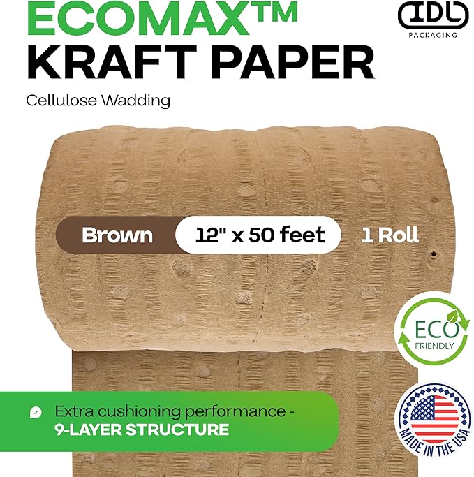 IDL Packaging 12" x 50' EcoMax™ Kraft Paper Cellulose Wadding (1 Roll) - Cushioning Wrapping and Box Void Filling - Soft and Gentle Packing for Shipping, Moving, and Storing Fragile Items