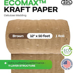 IDL Packaging 12" x 50' EcoMax™ Kraft Paper Cellulose Wadding (1 Roll) - Cushioning Wrapping and Box Void Filling - Soft and Gentle Packing for Shipping, Moving, and Storing Fragile Items