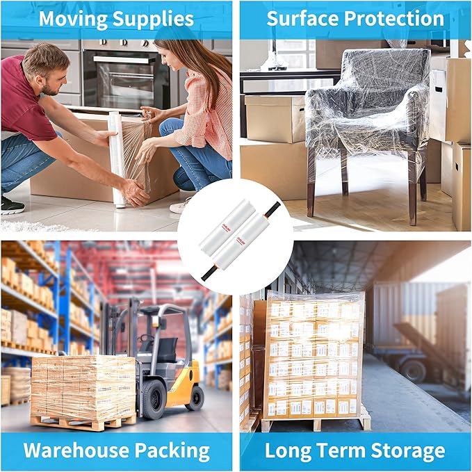 JARLINK Stretch Film, 80 Gauge,15 Inch x 1000 Feet Shrink Wrap for Pallet Wrap, Industrial Strength Stretch Wrap up to 800% Stretch with Handles, Moving Wrapping Plastic Roll, 2 Pack