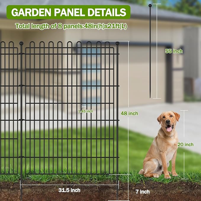 8 Panels No Dig Decorative Garden Fence for Yard, 48 in(H) X 21 ft(L) Animal Barrier Fencing for Outdoor Dog, Metal Portable Garden Fences for Borders, Pets, Landscape, Temporary Fence