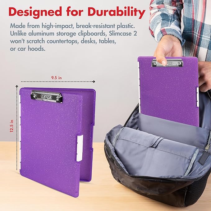 Dexas Slimcase 2 Plastic Clipboard with Storage and Side Opening, Purple Glitter, Office Supplies Clipboards to Organize, Carry and Store, A4 Holder, Style and Functionality Nursing Clipboard