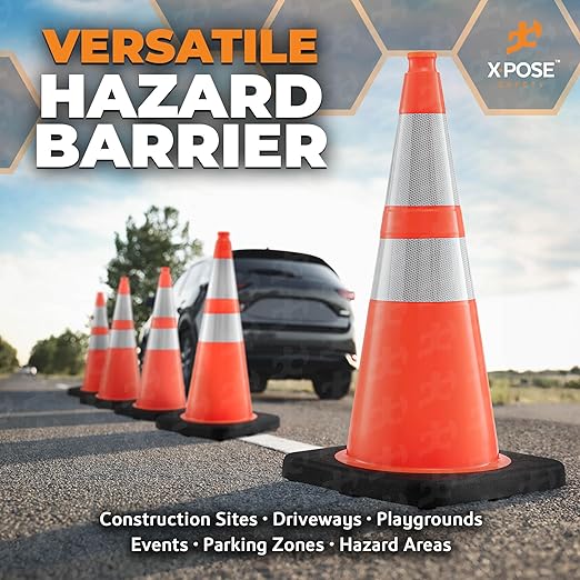 Xpose Safety 28 Inch Orange Traffic Cones Heavy Duty 10lb with 6" & 4" Collars, 24 Pack - Multipurpose PVC Plastic Safety Cone for Parking, Soccer, Caution, Kids and Construction - DOT Approved