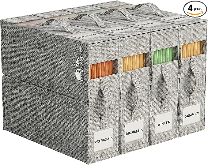 4Pack Sheet Organizers for Linen Closet - King/Queen Size Bedding Storage Boxes with Clear Window, Foldable & Dustproof Linen Organizer for Blankets & Sheet Sets,Grey
