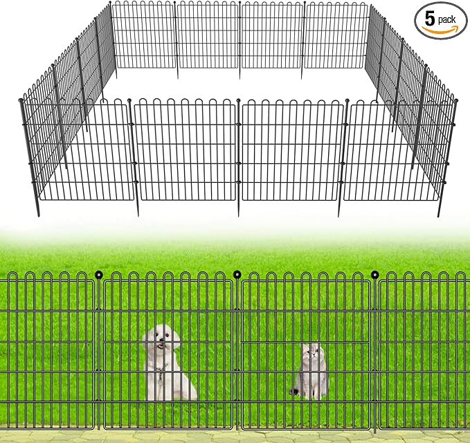 5 Panels No Dig Decorative Garden Fence for Yard, 24 in(H) X 10 ft(L) Animal Barrier Fencing for Outdoor Dog, Metal Portable Garden Fences for Borders, Pets, Landscape, Temporary Fence
