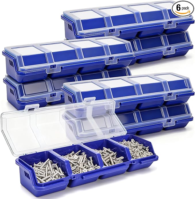 6 Pack Screw Organizer Box with Lid, 4 Compartments Small Parts Bins, Plastic Hardware Storage Containers, Nails Sorting Divider Toolbox Case for Garage Nuts Bolts Craft Organizing