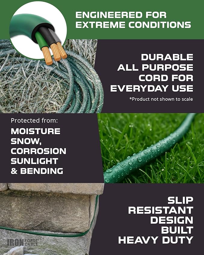 Iron Forge Cable Weatherproof 200 Ft Outdoor Extension Cord - 16/3 SJTW Heavy Duty Green Extension Cord 3 Prong - 10 Amp Exterior Power Cable