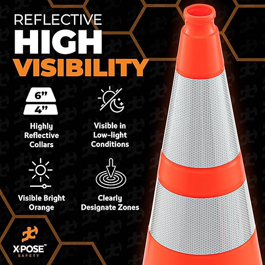 Xpose Safety 28 Inch Orange Traffic Cones - Heavy Duty 10lb 6" & 4" Collar - Bulk Half Pallet 150 Pack - Multipurpose PVC Plastic Safety Cone Parking, Soccer, Caution & Construction - DOT Approved