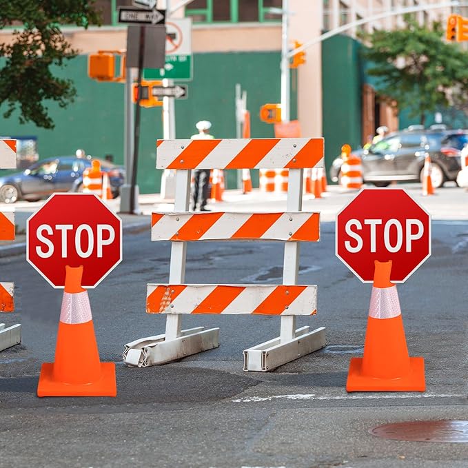 Geetery 12 Pcs Stop Signs Traffic Signs 12 x 12 Inches, Street Road Traffic Cone Top Warning Double Sided for Barricade Outdoor Weather Fade Resistant, Wear Resistant