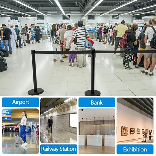 Geelin 6 Pack 9.8 ft Heavy Duty Crowd Control Stanchions Stainless Steel Stanchion Set with 6 Safety Barrier Post with Retractable Belt and 1 Sign Holder Crowd Control Barrier (Black)