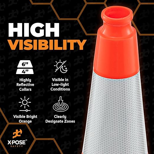 Xpose Safety 28 Inch Orange Slim Line Traffic Cones with 6" & 4" Collars, 6 Pack Multipurpose PVC Plastic Safety Cone for Parking, Soccer, Caution, Kids and Construction - DOT Approved