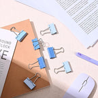 Temiary Aesthetic Binder Clips, 24 Pcs 1.6 Inches Small Metal Binder Clip with Clear Storage Container, Binding Paperwork Clamps for School Teachers Office Supplies (Blue)