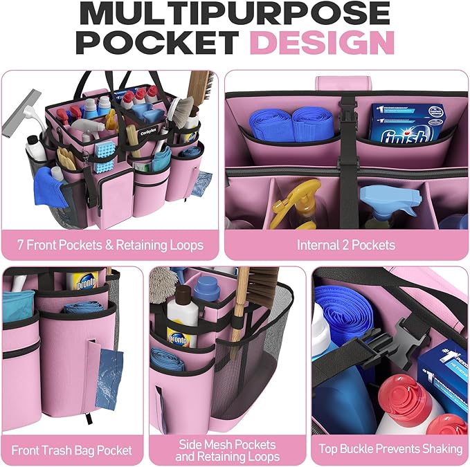 Rolling Cleaning Caddy Bag with Detachable Trolley, Cleaning Supplies Organizer Cart on Wheels, Cleaning Supply Caddy for Housekeepers, Large Professional Detailing Bag Tote for Home, Car (Pink)