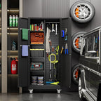 SUXXAN Broom Closet Storage Cabinet with Wheels 71.4"x 31.5"x15.7", Metal Cleaning Cabinets with Hooks and Hanging Rods, Lockable Cabinet with Pegboard, Adjustable Shelf,for Garage, Laundry Room