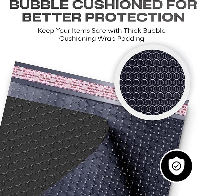Black 12.5x19.5 Inch Large Poly Bubble Mailers #6 | Padded Envelopes with Self Seal | Air Lined Cushioned Bubble Mailer | Usable Size 12.5x15 | 100 Pack Bulk | Lightweight shipping Bags