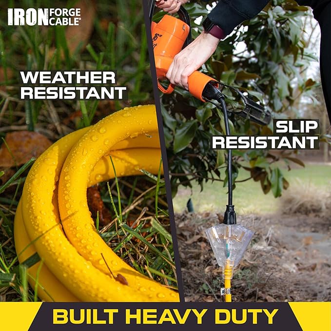 Iron Forge Cable 2 Pack 10 Foot Lighted Outdoor Extension Cord with 3 Outlets - 12/3 SJTW Heavy Duty Yellow Extension Cable 3 Prong - Multiple Outlets