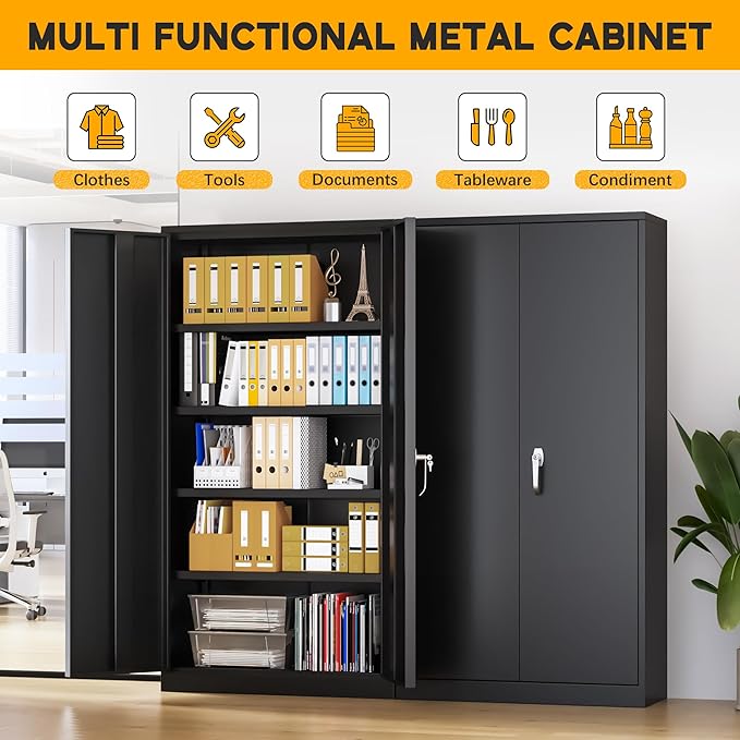 Greenvelly 72" H Metal Storage Cabinet, 32" W x 16" D Black Metal Cabinet with 2 Doors and 4 Adjustable Shelves, Locking Cabinets for Office, Home, Garage, School