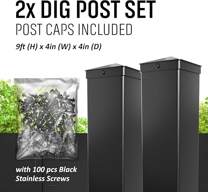 80" W x 69" H Black Aluminum Privacy Fence Kit – (1) Pre-Assembled Panel with (2) 4x4x9' Dig & Set Posts, Caps & 100 Black Screws – Modern Low-Maintenance Fence System