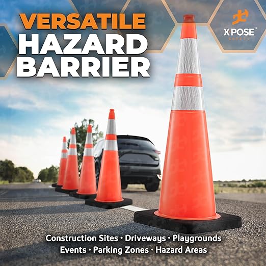 Xpose Safety 36 Inch Orange Traffic Cones Heavy Duty 15lb with 6" & 4" Collars, 12 Pack - Multipurpose PVC Plastic Safety Cone for Parking, Soccer, Caution, Kids and Construction - DOT Approved