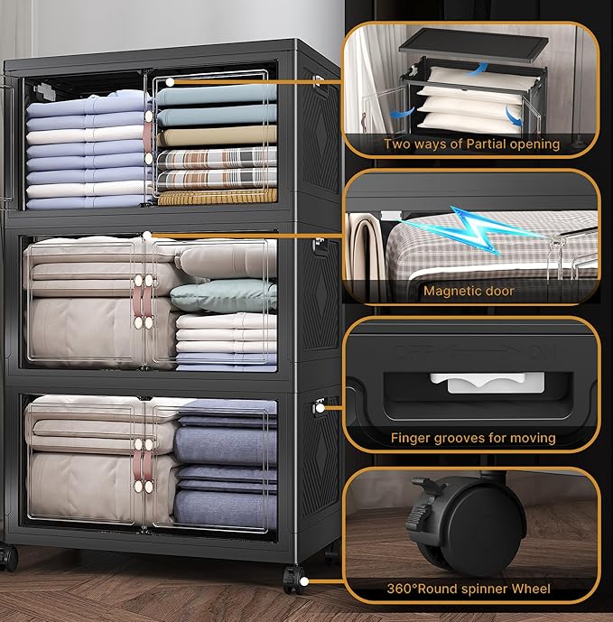 720Qt Stackable Storage Bins with Lids, 6 Pack Large Collapsible Bins with Wheels, Plastic Cabinet with Doors, Foldable Closet Organizers and Storage for Home, Dorm, Office, Black