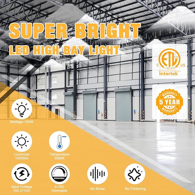 UFO LED High Bay Light 100W 4Pack, High Bay LED Shop Lights 14,000LM Dimmable, 6' Cable with US Plug, Hanging Hook, Safe Rope, ETL Listed LED High Bay Light for Warehouse Factory Barn Shop