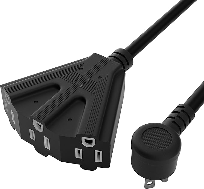 14/3 Gauge Heavy Duty Outdoor Extension Cord 15 FT, 90 Degree Angled 3 Prong Plug, 14 Gauge Power Cable with 3 Outlets, 14AWG, 15A, 125V, 1875W, ETL Listed, Black Wire, with Free Carrying Strap+Ties