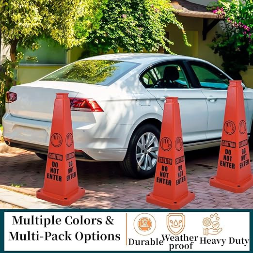 BESEA Caution Cone 6 Pack, 28" Caution Cone with Weighted Base, Red 4-Sided “Cantion Do NOT ENTER ” Warning Cone for Creation Area Driveways, Business Parking Lots, Garages, Indoor/Outdoor
