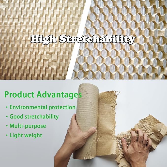 Honeycomb Packing Paper 12" W x 60' L Packing Paper for Moving Products & Gifts Honeycomb Wrapping Paper Recyclable and Biodegradable Cushioning Packing Material with 20 Fragile Stickers