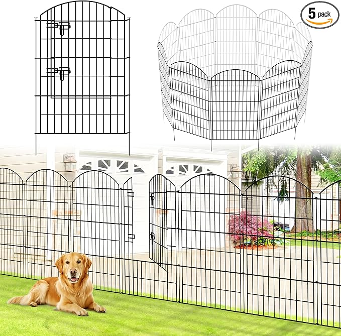 Metal Garden Fence 40 in H x 28 in W 5 Panels (4 Panels + 1 Gate) Total Length 11.6 ft, No Need Dig Rustproof Animal Barrier Fencing Border Fence for Dog, Patio,Yard, Landscape, Flower Bed