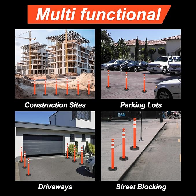 42" Traffic Delineator Posts,3 Pack Orange Safety Cones with Reflective Collars and Weighted Base for Road Safety, Parking Lots