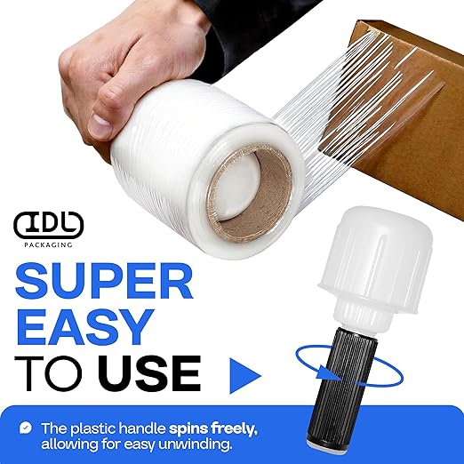 IDL Packaging 3"x 1000' Stretch Wrap Mini Roll of 80 Gauge (4 Rolls) with Plastic Handle - Extra Sticky Clear Plastic Wrap Film - Great for Moving and Office Needs - Self-Adhesive Wrap Packaging